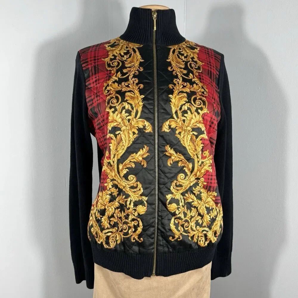 Ralph Lauren Sz L Black Knit Gold Baroque Cotton Quilted Front Zip Cardigan